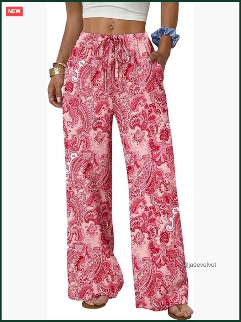 Wide Leg Pants For Women Flowy Drawstring Elastic Waist Trousers With Pockets